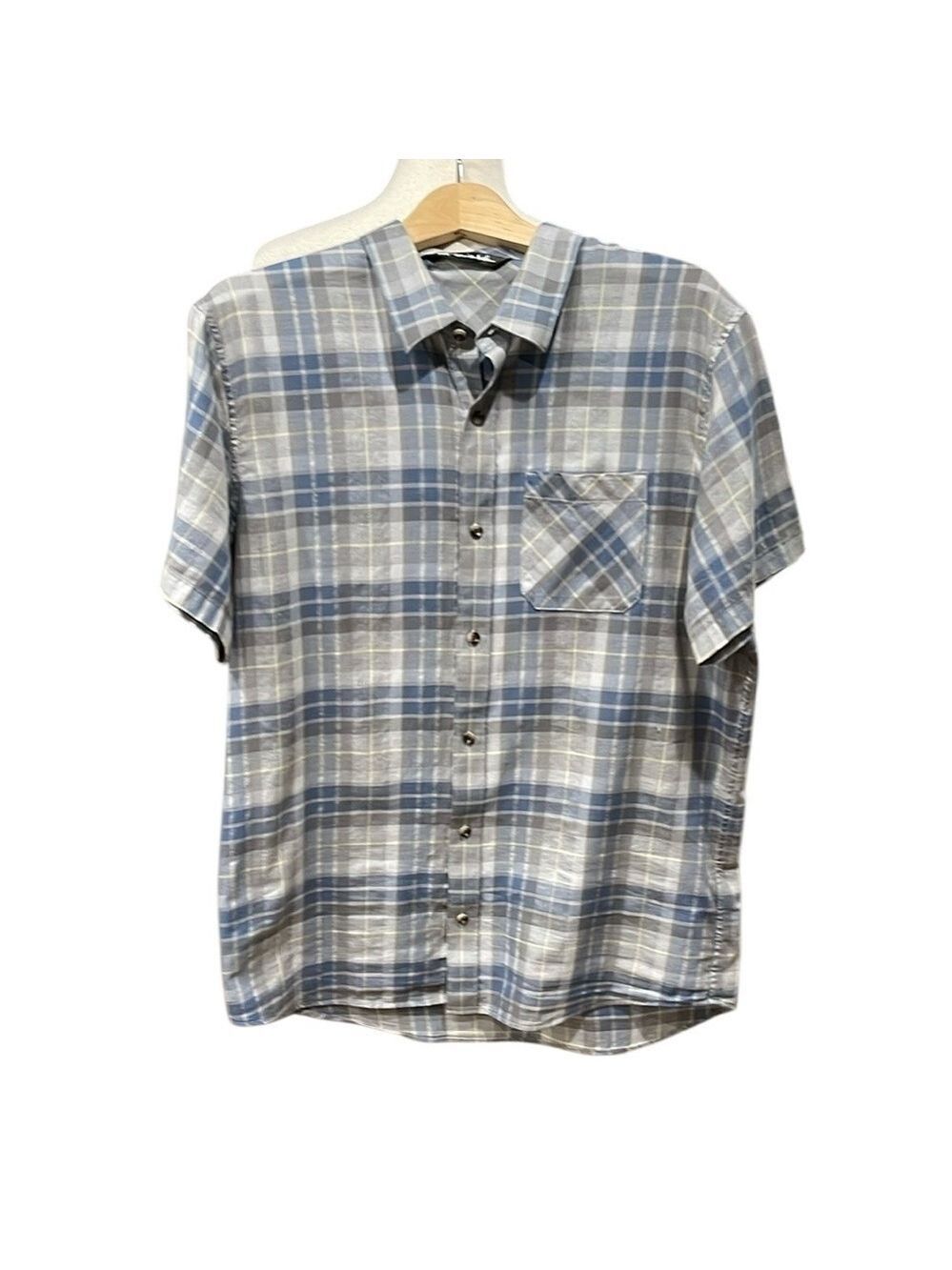 Travis Mathew Plaid Button Front Short Sleeve Shirt SZ L Blue Grey